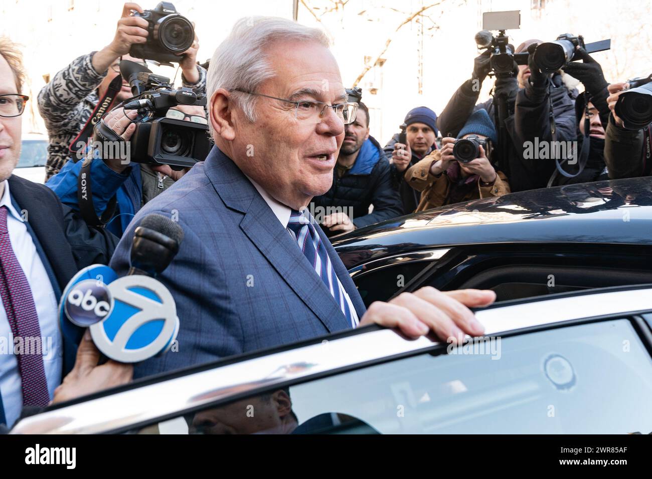 New York, USA. 11th Mar, 2024. Senator Bob Menendez and his wife Nadine Menendez depart Manhattan Federal court in New York after arraignment on new charges in bribery case on March 11, 2024. New Jersey Sen. Bob Menendez and his wife pleaded not guilty. (Photo by Lev Radin/Sipa USA) Credit: Sipa USA/Alamy Live News Stock Photo