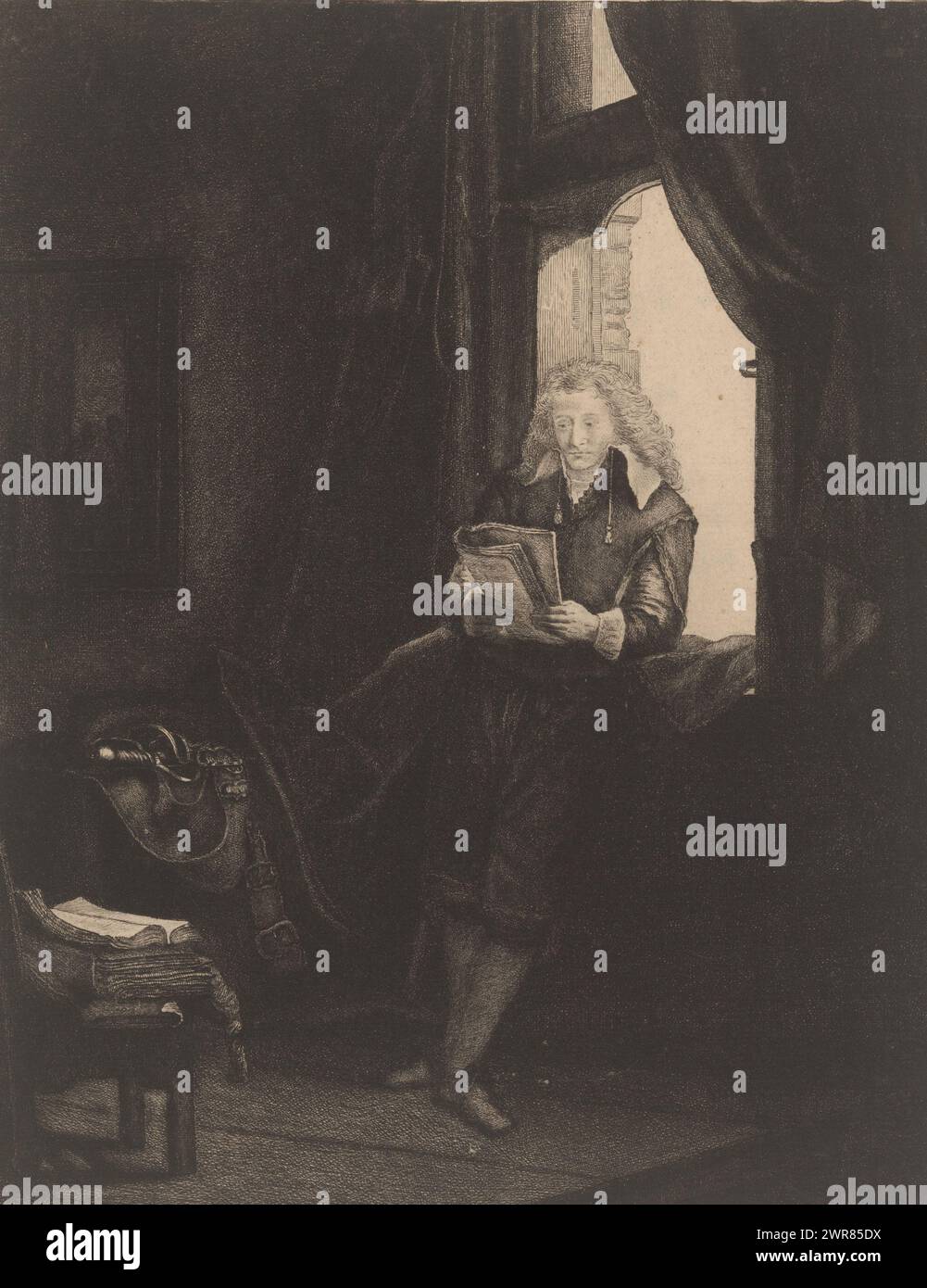 Jan Six, print maker: Pierre François Basan, after print by: Rembrandt van Rijn, 1733 - 1797, paper, etching, height 260 mm × width 197 mm, print Stock Photo