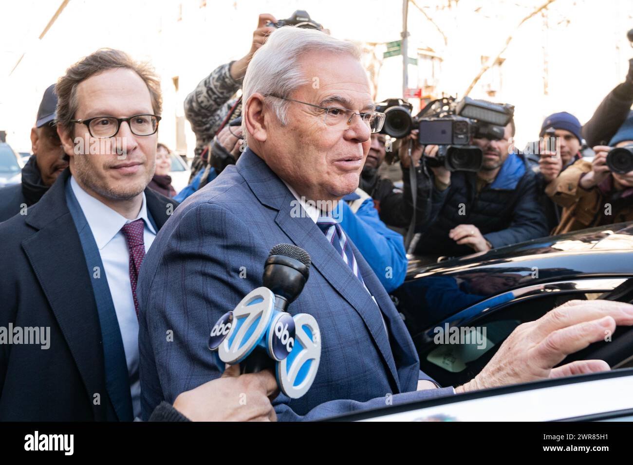 New York, USA. 11th Mar, 2024. Senator Bob Menendez and his wife Nadine Menendez depart Manhattan Federal court in New York after arraignment on new charges in bribery case on March 11, 2024. New Jersey Sen. Bob Menendez and his wife pleaded not guilty. (Photo by Lev Radin/Sipa USA) Credit: Sipa USA/Alamy Live News Stock Photo