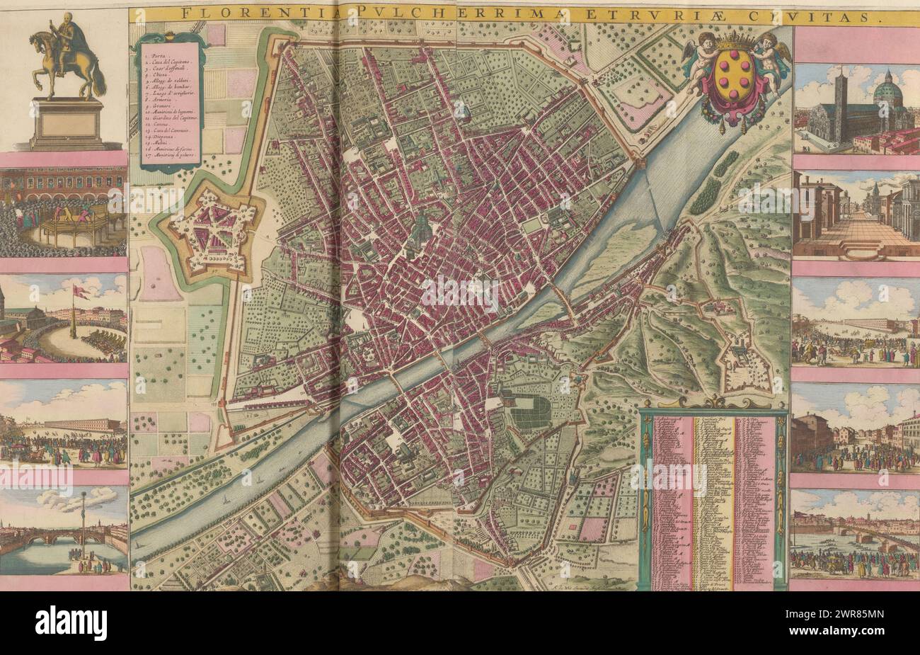 View of Florence from a bird's-eye perspective, Florentia pulcherrima etruriae civitas (title on object), View of Florence from a bird's-eye view, flanked by small representations of monuments and festivities in the city. Top left and bottom right lists with explanatory numbers. Top right the coat of arms of the De'Medici family. Print is part of an album., print maker: Wenceslaus Hollar, publisher: Frederik de Wit, Anna Beeck, publisher: Amsterdam, The Hague, 1617 - 1677 and/or 1693 - 1717, paper, etching, height 454 mm × width 727 mm, print Stock Photo