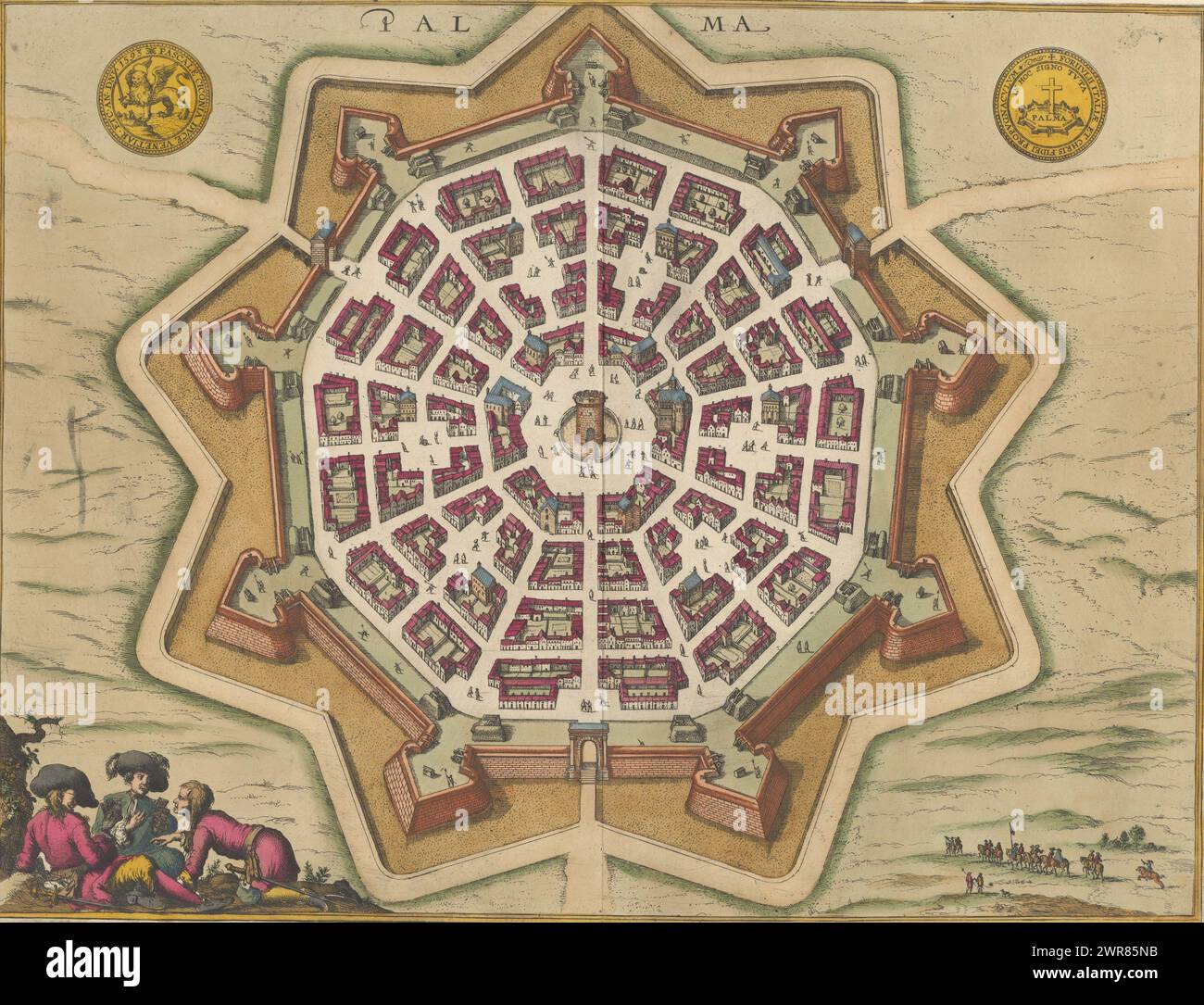 Bird's-eye view of Palmanova, Palma (title on object), Bird's-eye view of Palmanova. Bottom left three soldiers playing cards. Print is part of an album., print maker: anonymous, Anna Beeck, The Hague, 1600 - 1699 and/or 1693 - 1717, paper, etching, height 355 mm × width 468 mm, print Stock Photo