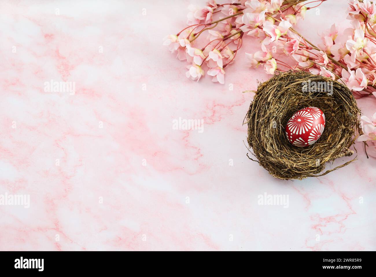 Red Easter egg on marble background. Happy Easter Stock Photo