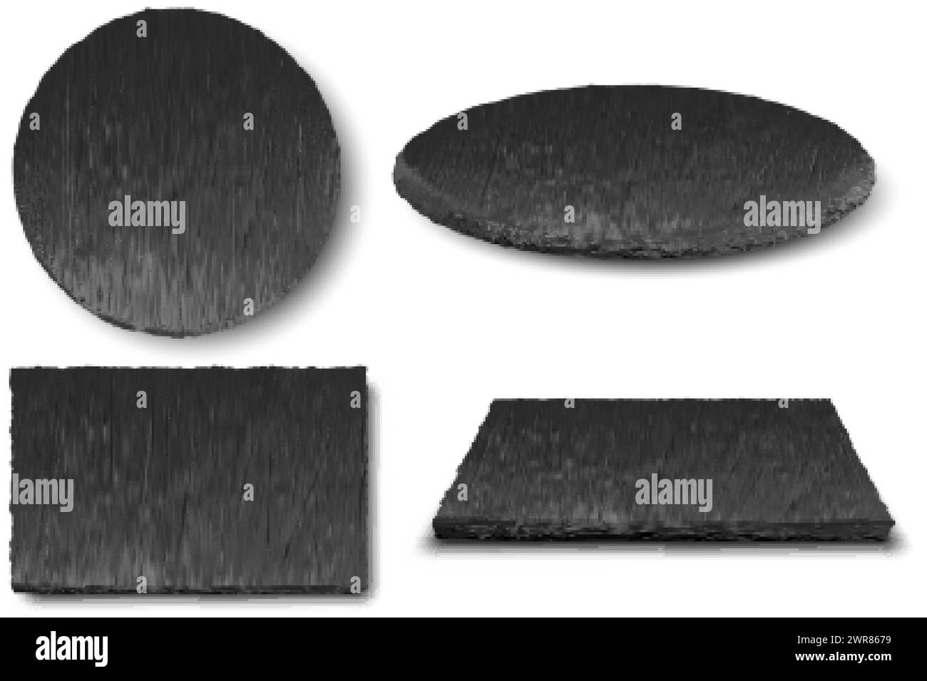 Natural slate plates. Black stone textured plate, dark rock round and square presentation slabs. Decorative food display surfaces realistic 3D vector Stock Vector