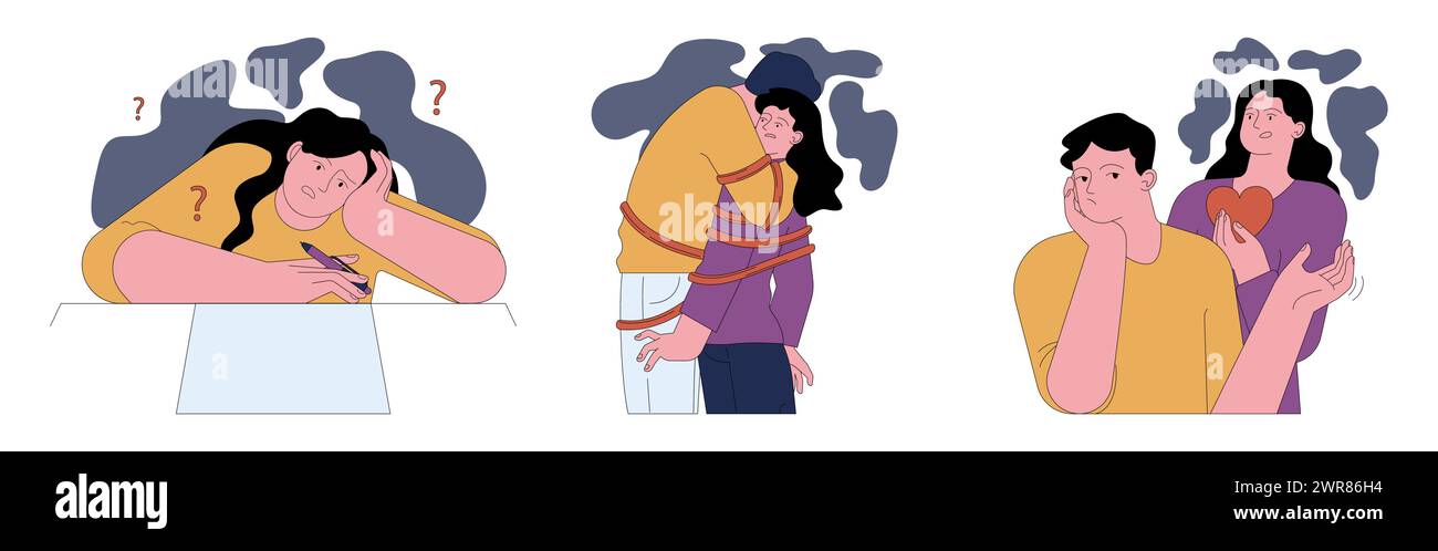Human fears set. Scared characters confronting personal phobias. Frightened anxious person suffering from panic disorder. Psychological problem. Flat vector illustration Stock Vector