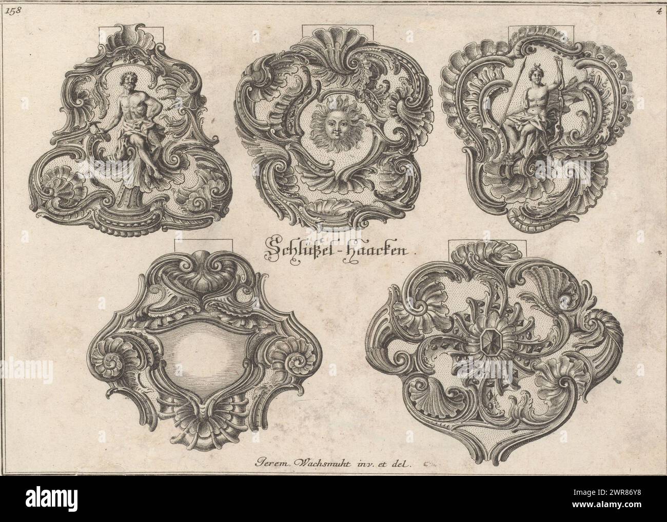 Key hooks, Schlüssel-hacken (title on object), Hilts and hooks (series title), Five ornamented key hooks. Top left with Vulcan, top center with the sun, top right with Diana. Picture number 158., print maker: anonymous, after design by: Jeremias Wachsmuth, publisher: Martin Engelbrecht, Augsburg, 1721 - 1756, paper, etching, height 178 mm × width 242 mm, print Stock Photo