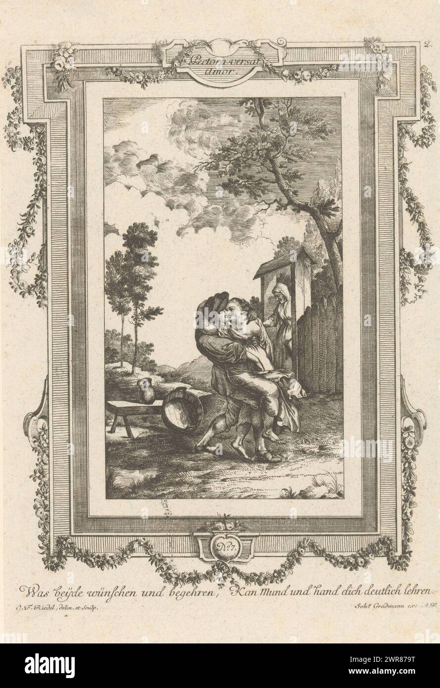 Couple in love kissing and caressing, Pectora versat Amor (title on object), Pastoral love scenes (series title), A couple in love kisses and caresses each other in the open air. On the right, an old woman with a jug walks through a wooden gate. A frame with garlands surrounds the scene. German text in the bottom margin. Publisher number 7., print maker: Gottlieb Friedrich Riedel, after own design by: Gottlieb Friedrich Riedel, publisher: Johann Gradmann, Augsburg, 1778 - 1779, paper, etching, height 231 mm, width 175 mm, print Stock Photo
