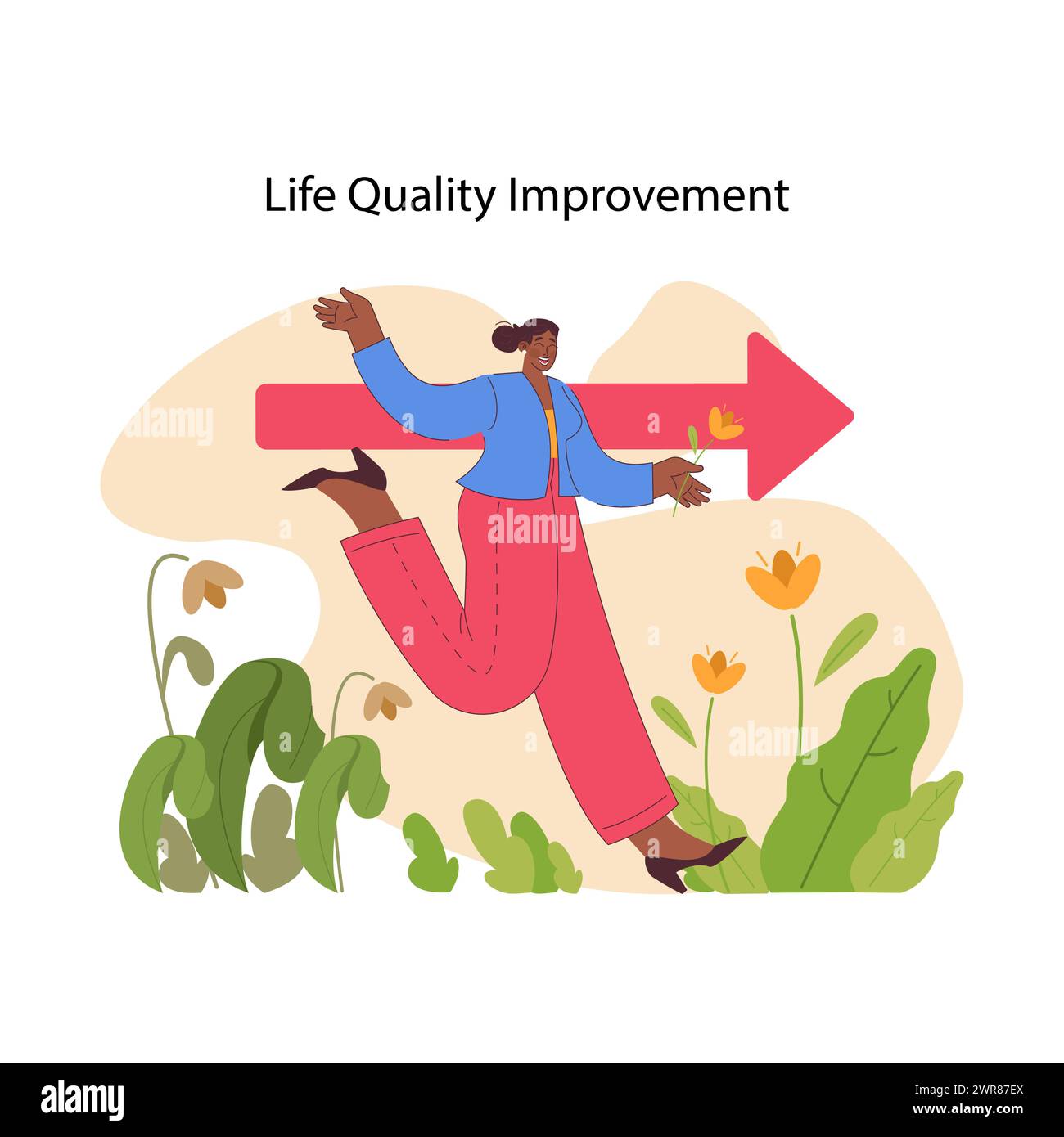 Life quality improvement concept. Woman happily running from withering place towards growing flowers. Joyful progress in personal development. Forward movement and positive change. Flat vector Stock Vector