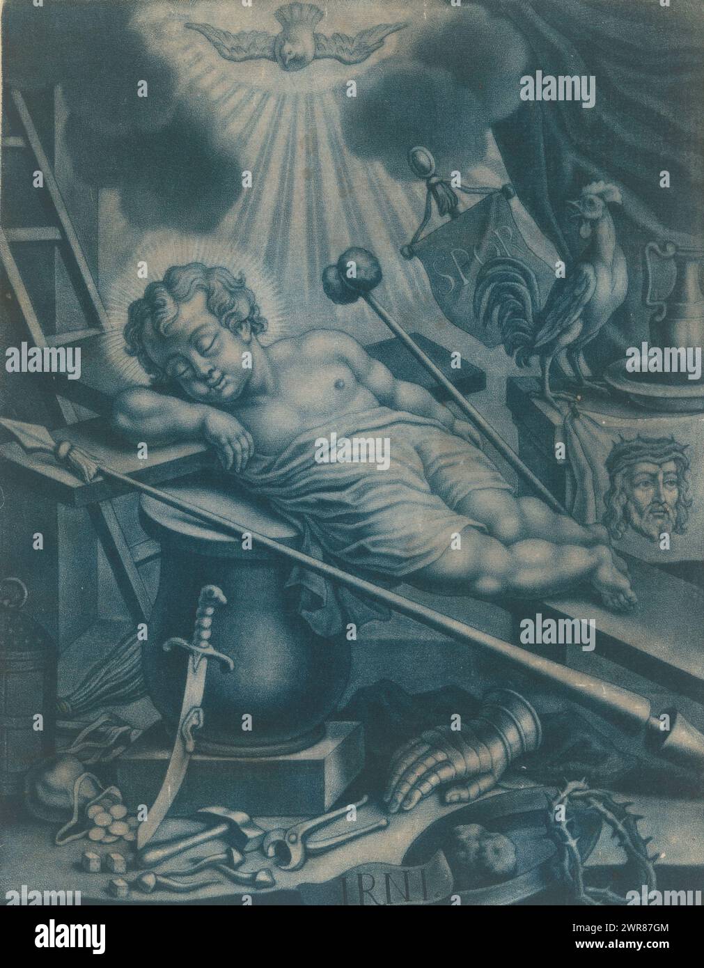 Christ child sleeping among the instruments of torture, print maker: anonymous, publisher: Johann Christian Leopold, (possibly), Germany, 1709 - 1755, paper, height 316 mm × width 246 mm, print Stock Photo