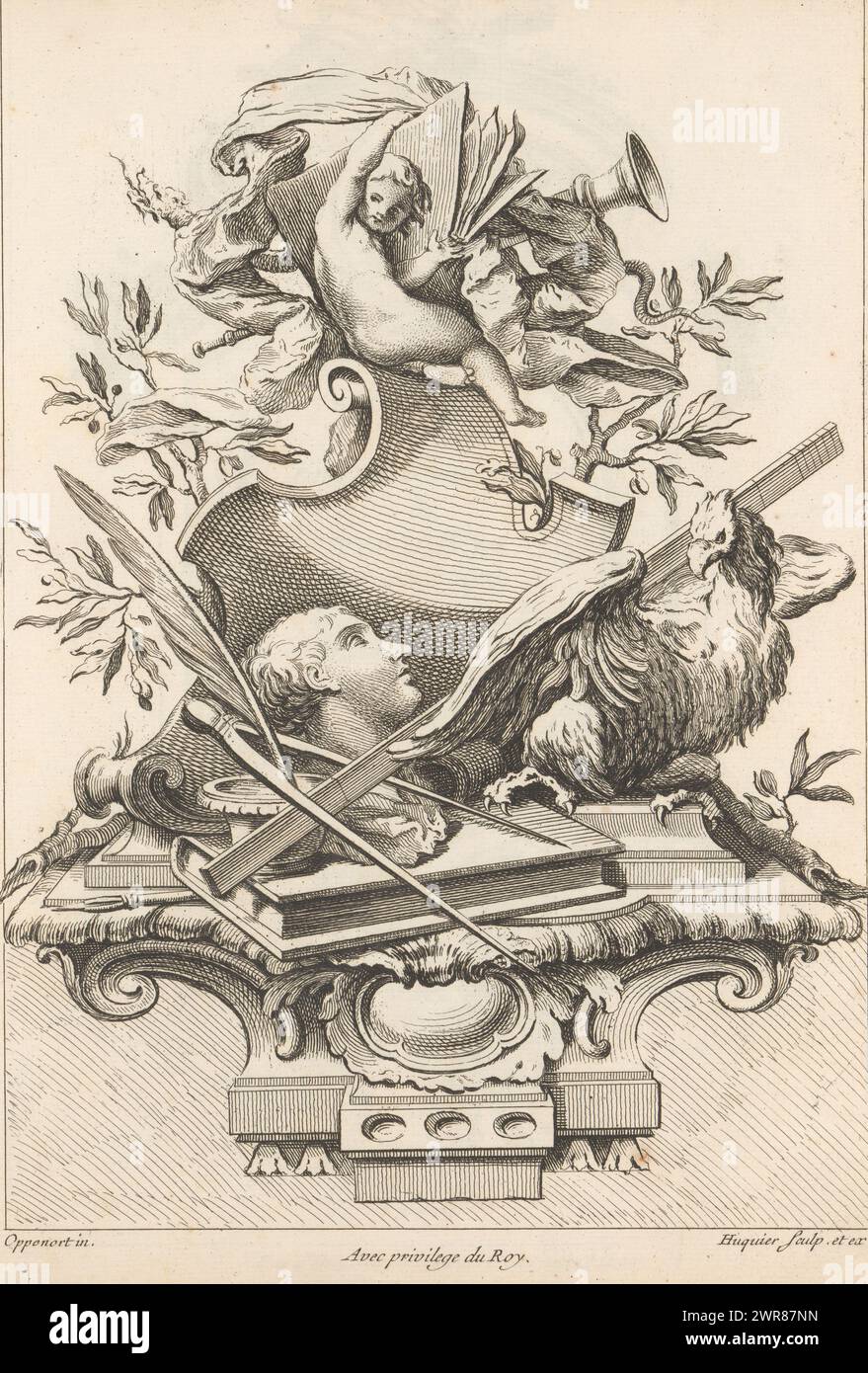 Ornament with an eagle and objects representing the arts, Various designs for practitioners of fine arts (series title), Premier livre de différents morceaux a l'usage de tous ceux qui s'appliquent aux beaux arts (series title), Below others a bust, compass and ruler, quill and ink, and a wind instrument. This print is part of an album., print maker: Gabriel Huquier, after design by: Gilles Marie Oppenort, publisher: Gabriel Huquier, Paris, c. 1725 - c. 1750, paper, etching, height 324 mm × width 242 mm, print Stock Photo