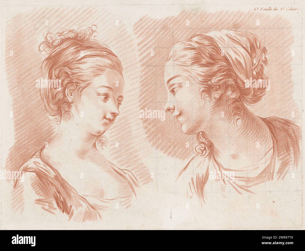 Two women's heads, 6.e Feuille du 8.e Cahier. (title on object), Compositions with parts of the human body (series title), Huitième Cahier de Principes de Dessin (series title), print maker: Jean François Janinet, after design by: Pierre Thomas Le Clerc, publisher: Louis Marin Bonnet, print maker: France, publisher: Paris, 1762 - 1793, paper, height 208 mm × width 282 mm, print Stock Photo