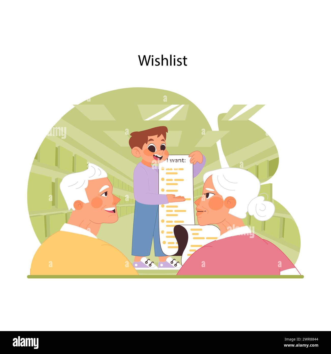 Wishlist sharing concept. Boy excitedly reveals his wishlist to adoring grandparents, old people watching closely. Sweet moment of family desires and expectations. Flat vector illustration Stock Vector