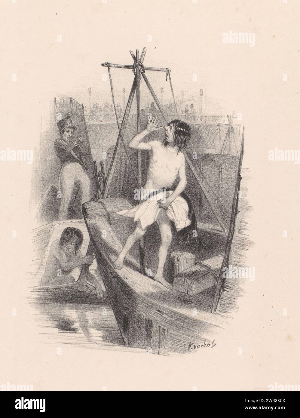 Two naked boys run away on a ship. One of the naked boys, with his clothes under his arm, is already on board the ship. The other boy climbs up. The first boy makes a long nose at the police officer standing on the side. He clenches his fist at him., print maker: Frédéric Bouchot, Paris, in or after 1827 - in or before 1860, paper, height 318 mm × width 247 mm, print Stock Photo