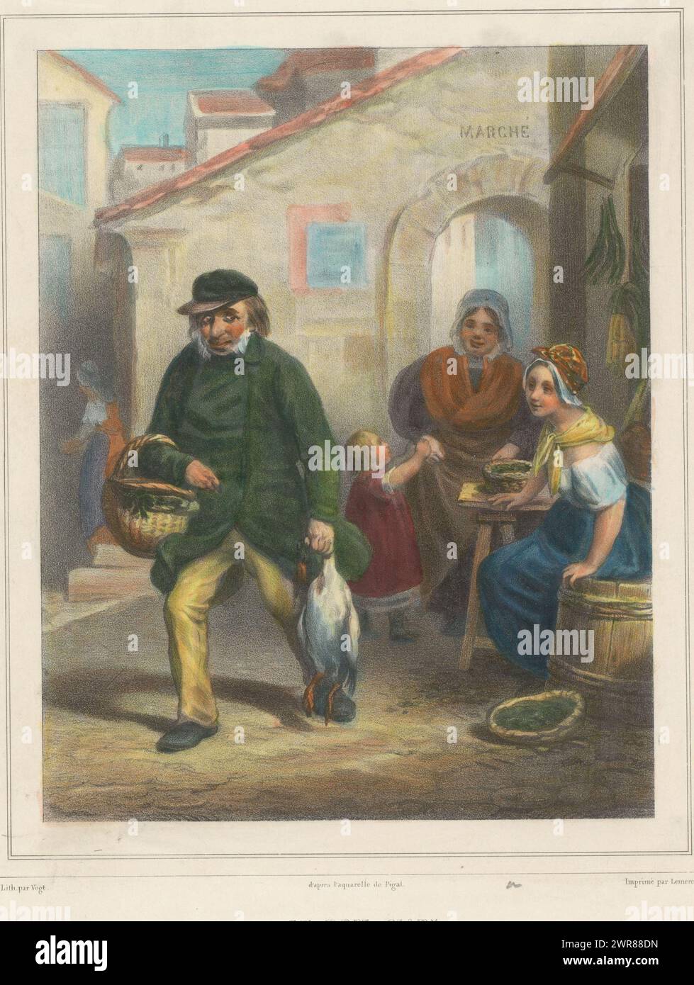 Man comes from the market with a full shopping basket and a goose, Le bon mari (title on object), Museum for the art lover (series title), Musée de l'amateur (series title on object), print maker: Charles Vogt, after painting by: Edme Jean Pigal, printer: Joseph Rose Lemercier, Paris, 1837 - 1843, paper, height 288 mm × width 220 mm, print Stock Photo