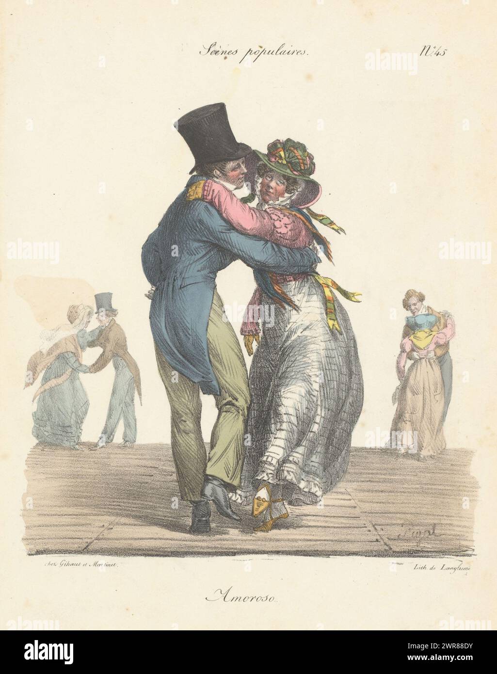 Dancing couple on dance floor, Amoroso (title on object), Incidents among the people (series title), Scènespopulars (series title on object), print maker: Edme Jean Pigal, printer: Pierre Langlumé, publisher: Gihaut et Martinet, Paris, 1824, paper, height 334 mm × width 240 mm, print Stock Photo