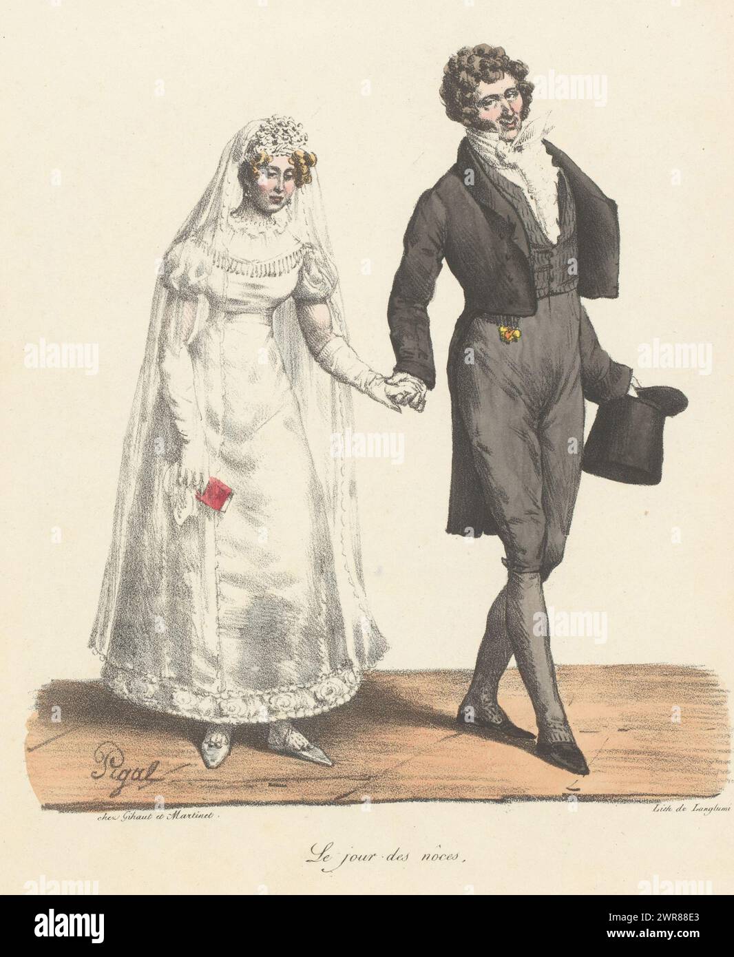 Couple in wedding clothes, Le jour des nôces (title on object), Incidents from society (series title), Scènes de société (series title on object), print maker: Edme Jean Pigal, printer: Pierre Langlumé, publisher: Gihaut et Martinet, Paris, 1823, paper, height 334 mm × width 242 mm, print Stock Photo