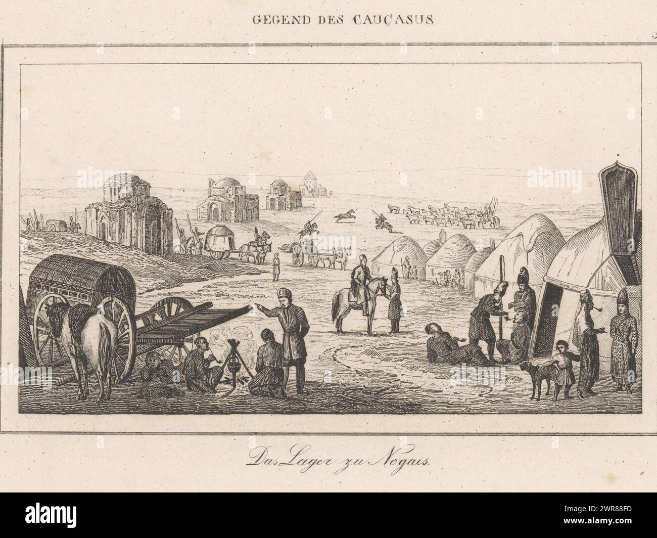Army camp, Gegend des Caucasus / Das Lager zu Nogais (title on object), Figures from the Caucasus (series title), Numbered top right: 5., print maker: anonymous, publisher: Firmin Didot frères, (possibly), Germany, (possibly), 1800 - 1899, paper, height 140 mm × width 228 mm, print Stock Photo