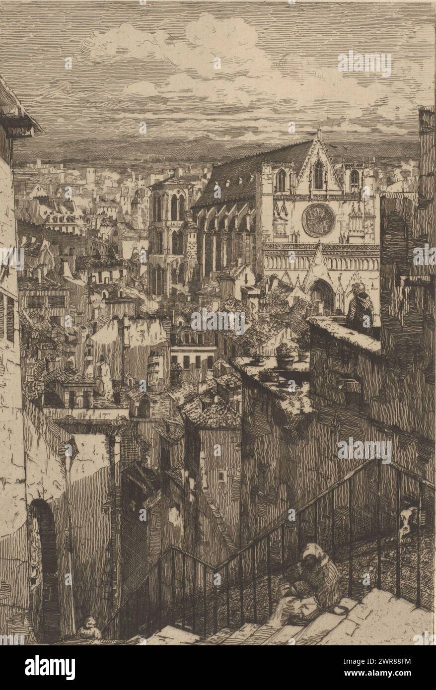 Cityscape with Lyon Cathedral, Eglise Saint-Jean à Lyon, print maker: Gabrielle-Marie Niel, (attributed to), 1850 - 1940, paper, etching, drypoint, height 319 mm × width 239 mm, print Stock Photo