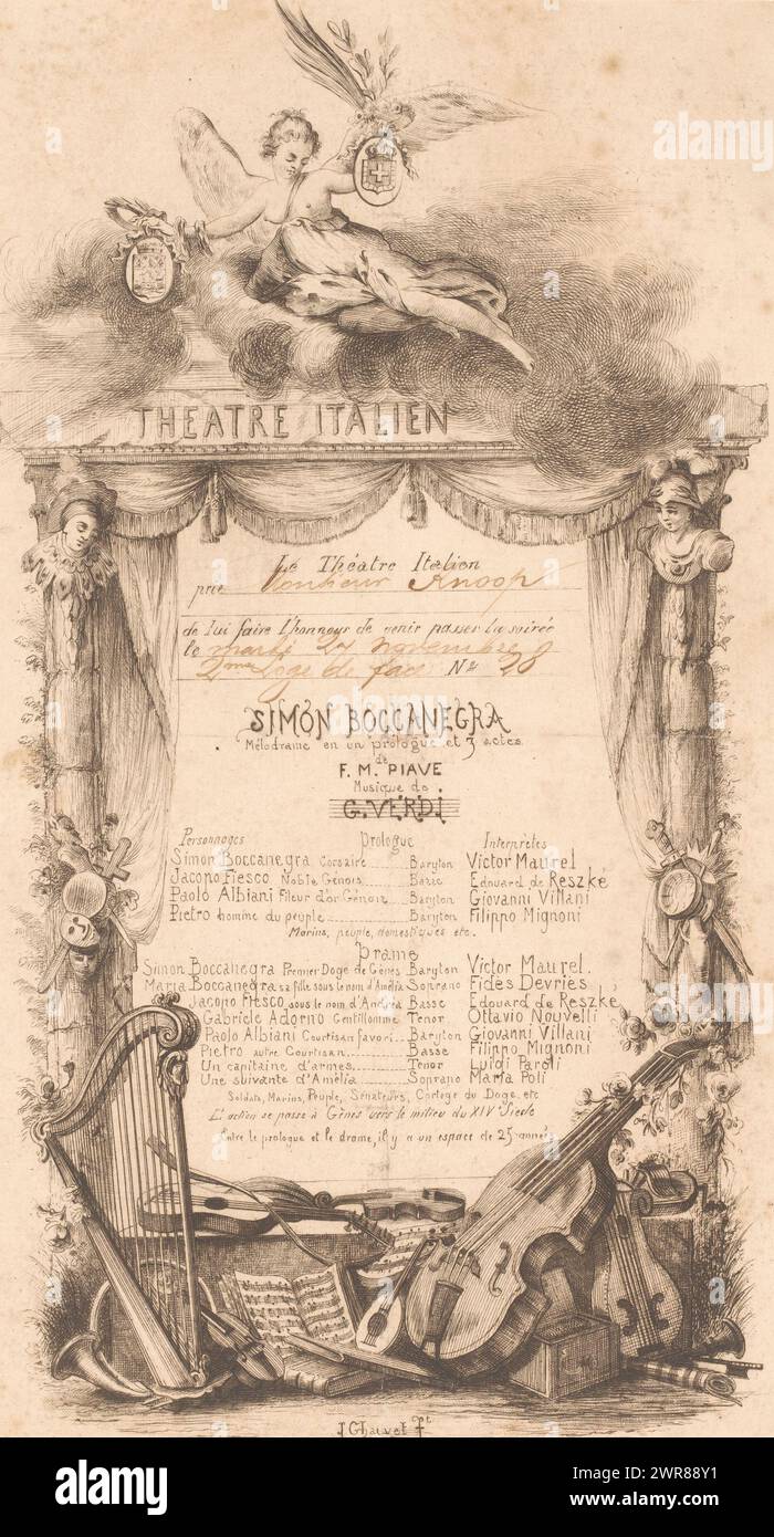 Invitation and program for the opera 'Simon Boccanegra' at the Theater Italien. Surrounding the invitation and the program is a theater with a winged figure above it, possibly the genius of the theater. Various musical instruments are shown at the bottom, such as a harp, violin and viola da gamba., print maker: Jules Adolphe Chauvet, France, 1838 - c. 1905, paper, etching, engraving, height 275 mm × width 155 mm, print Stock Photo