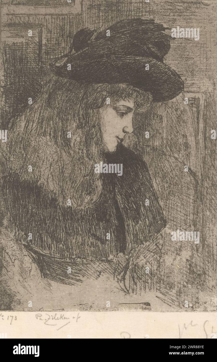 Girl with Hat, Fillette aux cheveux blonds (original title), print maker: Philip Zilcken, (signed by artist), 1867 - 1890, paper, etching, height 158 mm × width 113 mm, print Stock Photo