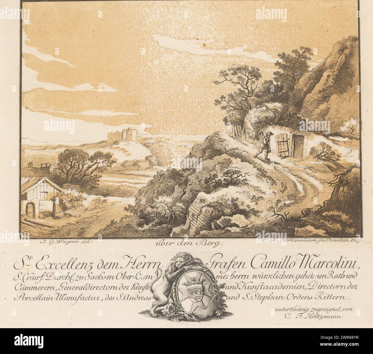 Landscape with a traveler on a path, über den Berg (title on object), Text in German in the bottom margin. Print is part of an album., print maker: Carl Friedrich Holtzmann, after design by: Johann Georg Wagner, Carl Friedrich Holtzmann, Dresden, 1789, paper, etching, height 135 mm × width 203 mm × height 27 mm × width 203 mm, print Stock Photo