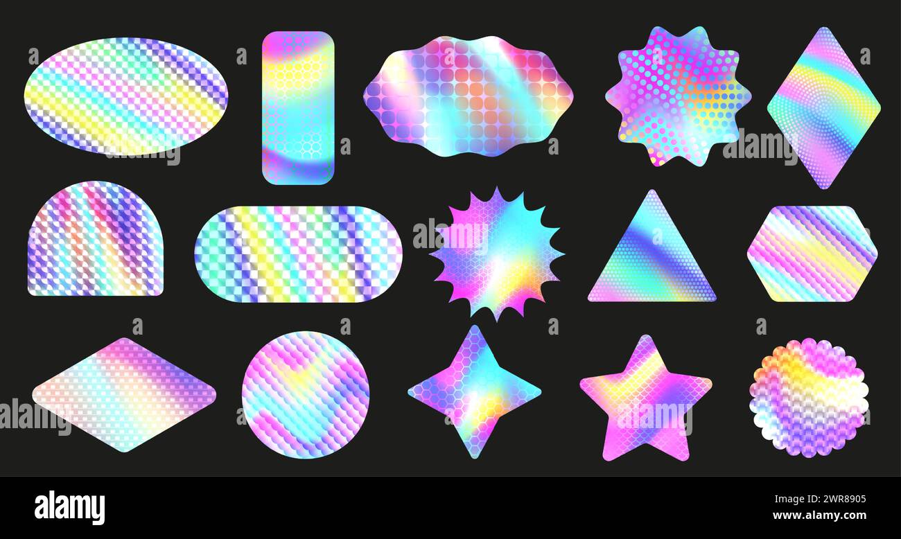 Textured holographic stickers. Iridescent geometric figures, holo ...