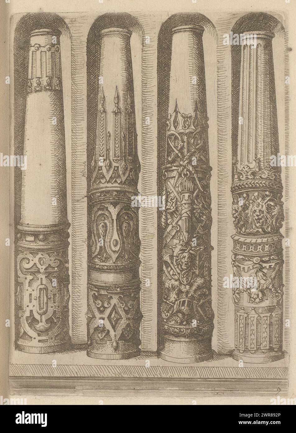 Four shafts of Doric columns decorated with rustication, trophies of arms, mascarons and garlands, Architectura (series title), Numbered: 9. Print is part of a book., print maker: Wendel Dietterlin (I), publisher: Bernhard Jobin, Straatsburg (Frankrijk), 1593 - 1595, paper, etching, height 251 mm × width 182 mm Stock Photo