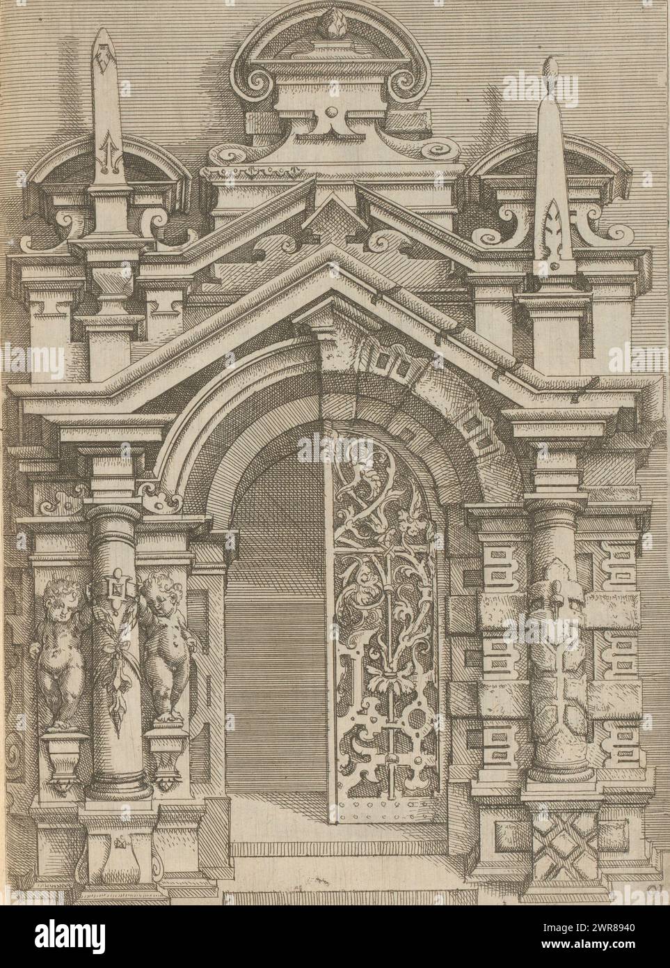 Portal with various ornaments, Architectura (series title), Numbered: 10. Print is part of a book., print maker: Wendel Dietterlin (I), publisher: Bernhard Jobin, Straatsburg (Frankrijk), 1593 - 1595, paper, etching, height 247 mm × width 208 mm Stock Photo