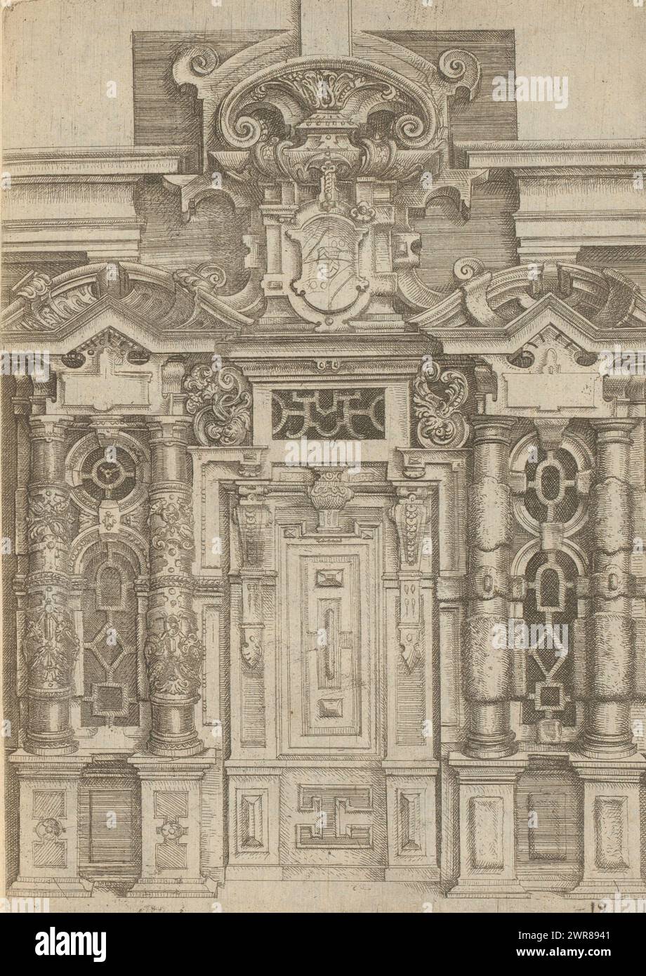 Door and windows with decorated columns and pediments, Architectura (series title), Numbered: 19. Print is part of a book., print maker: Wendel Dietterlin (I), publisher: Bernhard Jobin, Straatsburg (Frankrijk), 1593 - 1595, paper, etching, height 252 mm × width 185 mm Stock Photo