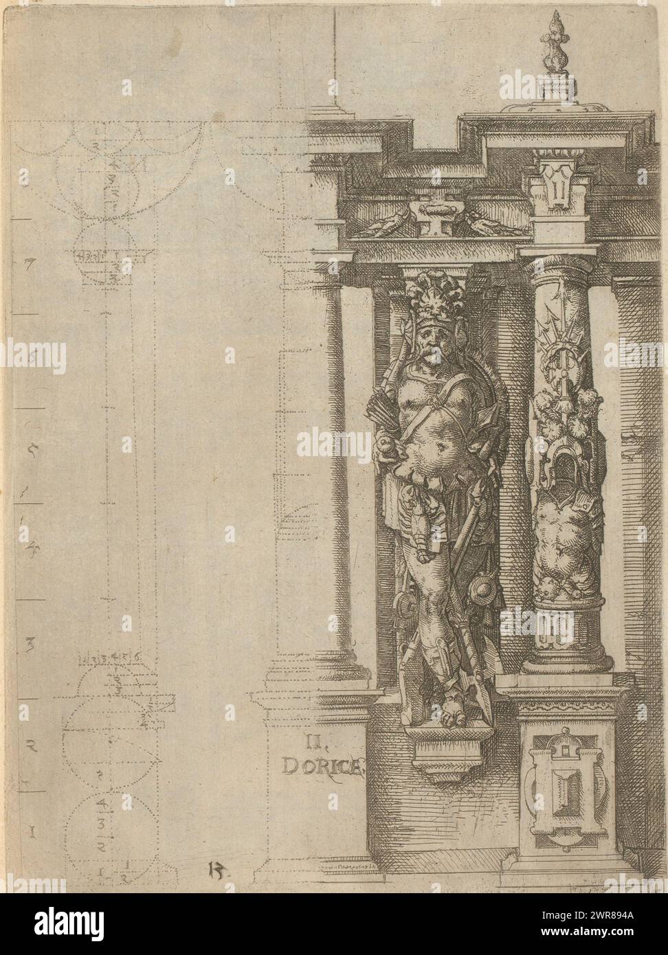 Proportions of the Doric column order with an atlante in the shape of an armed man between two columns, Dorica (title on object), Architectura (series title), Numbered: 13. Print is part of a book., print maker: Wendel Dietterlin (I), publisher: Bernhard Jobin, Straatsburg (Frankrijk), 1593 - 1595, paper, etching, height 246 mm × width 186 mm Stock Photo