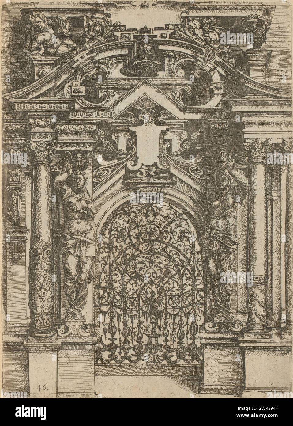Portal with iron gate flanked by caryatids, Architectura (series title), Numbered: 46. Print is part of a book., print maker: Wendel Dietterlin (I), publisher: Bernhard Jobin, Straatsburg (Frankrijk), 1593 - 1595, paper, etching, height 254 mm × width 186 mm Stock Photo