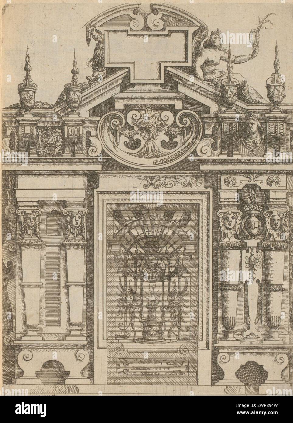 Portal decorated with garlands and mascarons, Architectura (series title), Numbered: 32. Print is part of a book., print maker: Wendel Dietterlin (I), publisher: Bernhard Jobin, Straatsburg (Frankrijk), 1593 - 1595, paper, etching, height 248 mm × width 186 mm Stock Photo
