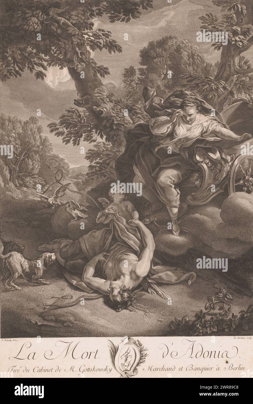 Death of Adonis, La Mort d'Adonis (title on object), print maker: M. Martinet, after painting by: Pietro Bianchi, publisher: J.B. Schiavonetti, print maker: France, publisher: Berlijn (deelstaat), 6-Jan-1809, paper, engraving, etching, height 615 mm × width 430 mm, print Stock Photo