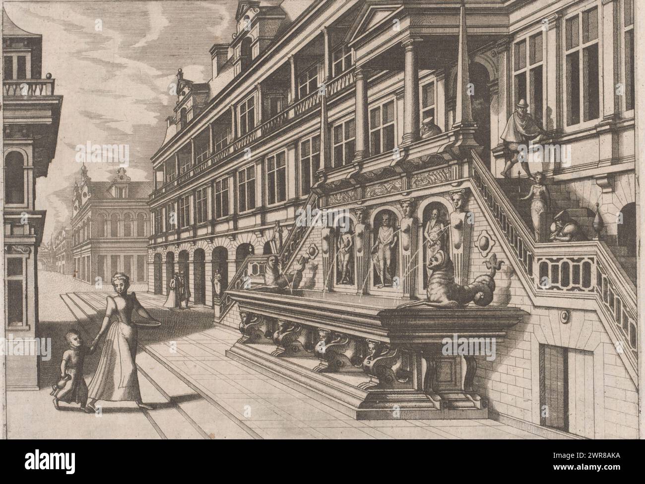Street view with wall fountain, Artis Perspectivae (...) (series title), Fountain in front of a platform. The fountain consists of an elongated basin, supported by four sphinxes in scroll work. There are four herms spouting water against the wall. In between there are three statues in niches. On the left on the street is a woman holding a child., print maker: Joannes van Doetechum (I), print maker: Lucas van Doetechum, after design by: Hans Vredeman de Vries, Antwerp, 1568, paper, etching, height 172 mm × width 244 mm, print Stock Photo