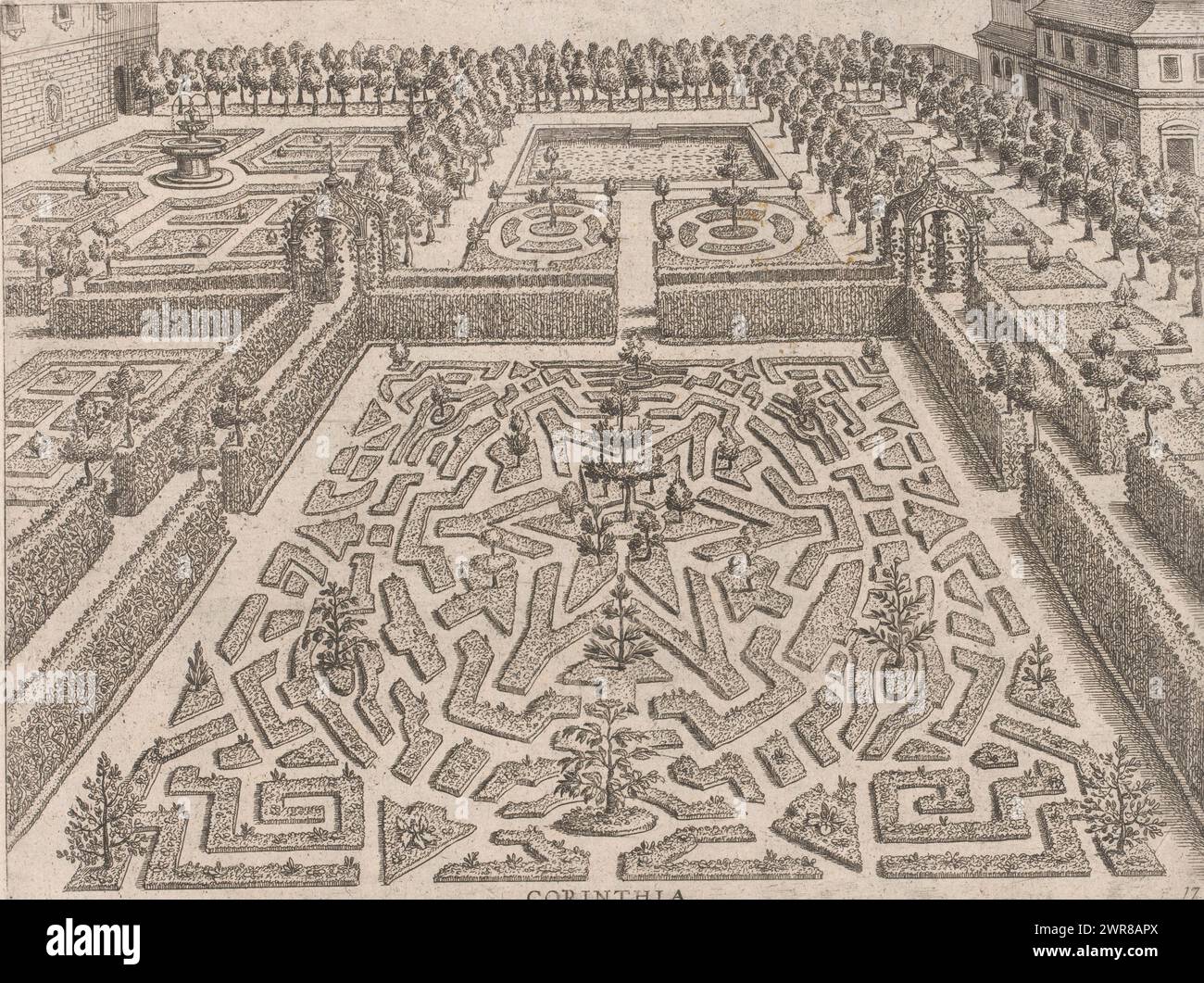 Garden with a parterre with a star-shaped compartment in the center, Corinthia (title on object), Hortorum Viridariorumque elegants et multiplicis formae (series title), Garden designs associated with the Doric, Ionic and Corinthian building orders (series title), Garden with a parterre with in the center a star-shaped compartment. The garden is laid out according to the Corinthian building order., print maker: anonymous, after design by: Hans Vredeman de Vries, publisher: Philips Galle, Antwerp, 1583, paper, etching, height 193 mm × width 249 mm Stock Photo