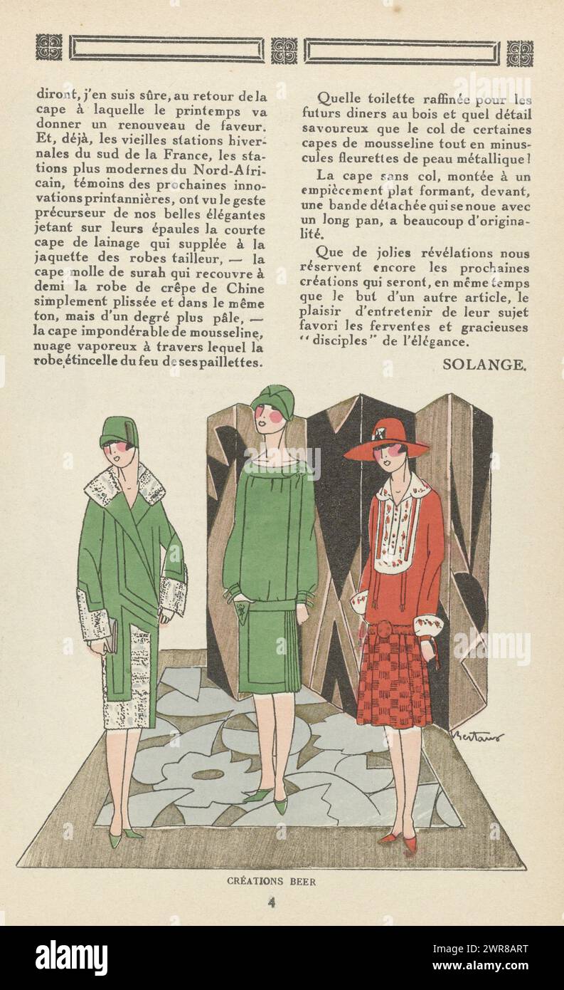 Très Parisien, 1926, No. 2, p. 4: La Mode en Général, Page 4 from Très Parisien, No. 2, 1926. Text of 'Solange', with illustration of three dresses from the fashion house Beer., after drawing by: Bertaux, publisher: G-P. Joumard, Paris, 1926, paper, letterpress printing, height 195 mm × width 120 mm Stock Photo
