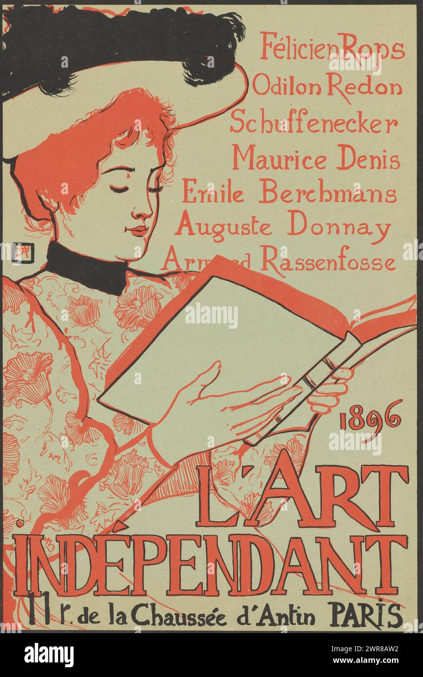 Poster for Librairie l'Art Indépendant in Paris, Portrait of a woman with a hat, reading a book., print maker: Armand Rassenfosse, after design by: Armand Rassenfosse, printer: Auguste Bénard, Luik, 1896, paper, height 605 mm × width 410 mm, print Stock Photo