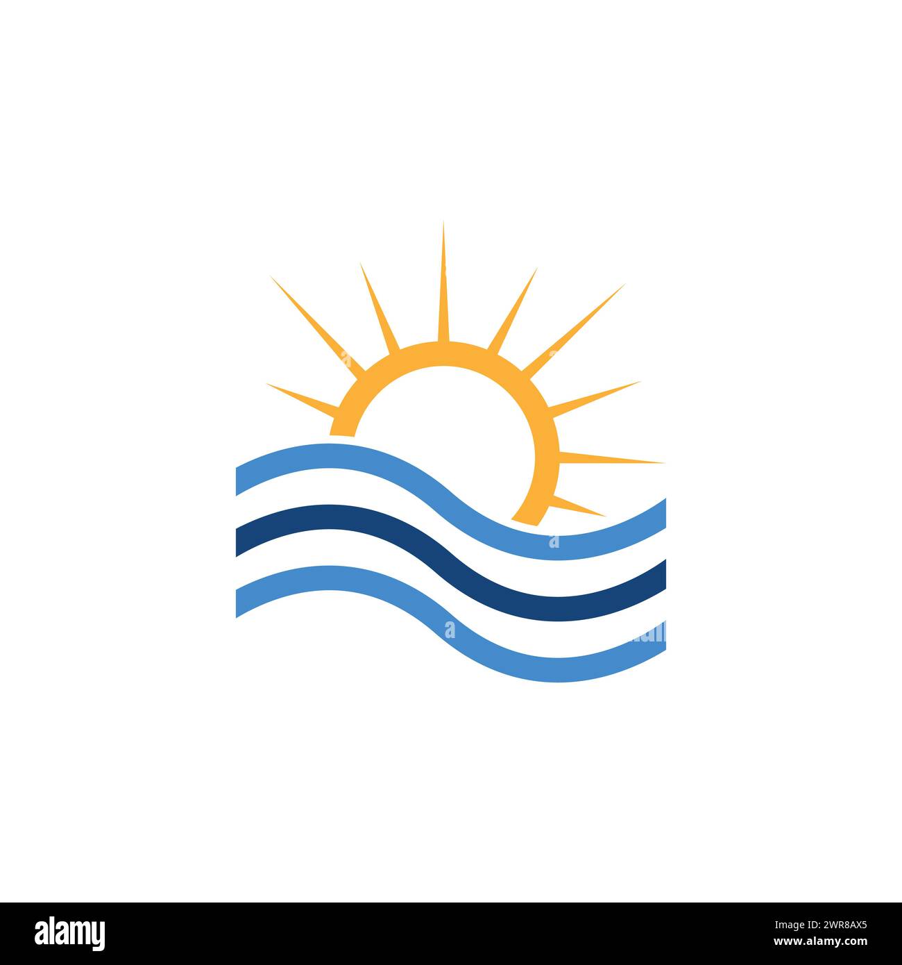 Simple modern abstract sunset logo design vector of yellow sun and blue sea waves illustration. Sun wave logo, sun minimalist logo concept Stock Vector