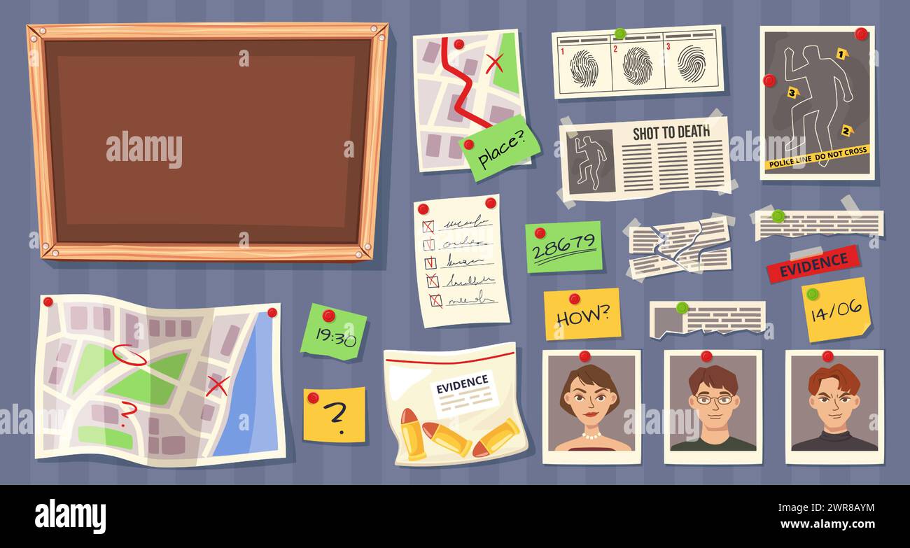Cartoon detective board elements. Investigation clues and evidence maps