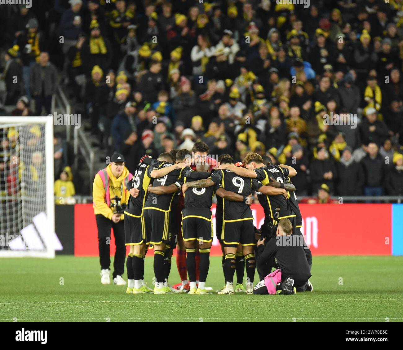 Columbus, Ohio, USA. 9th Mar, 2024. The Columbus Crew huddle up before facing the Chicago Fire FC in their match in Columbus, Ohio. Brent Clark/Cal Sport Media/Alamy Live News Stock Photo