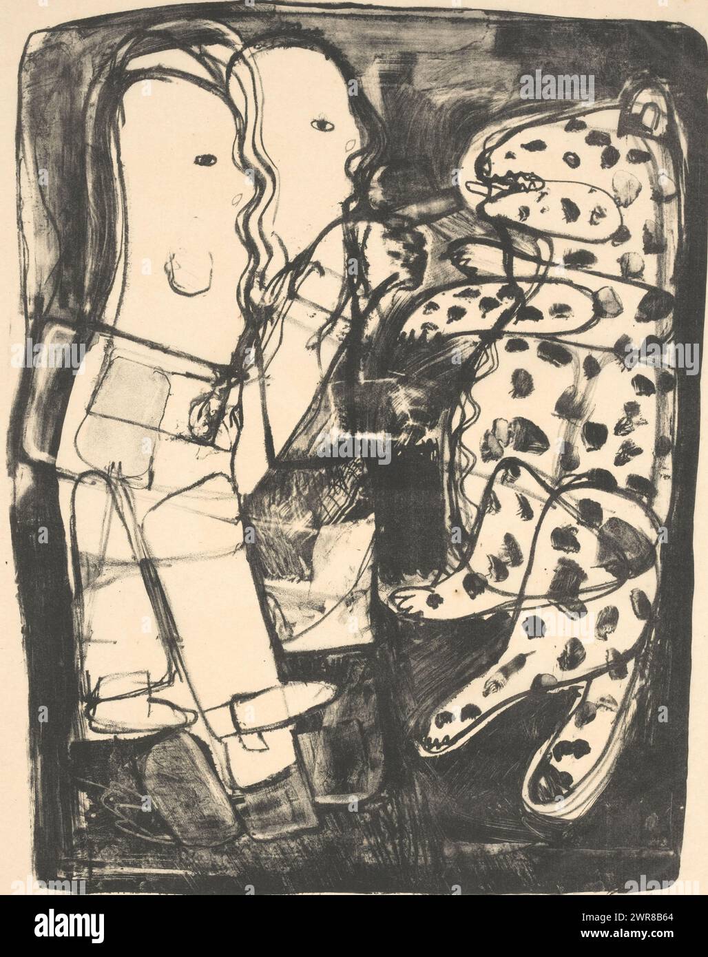 Men with leopard, print maker: Rein Dool, (signed by artist), c. 1970 - c. 1980, paper, height 980 mm × width 640 mm, print Stock Photo