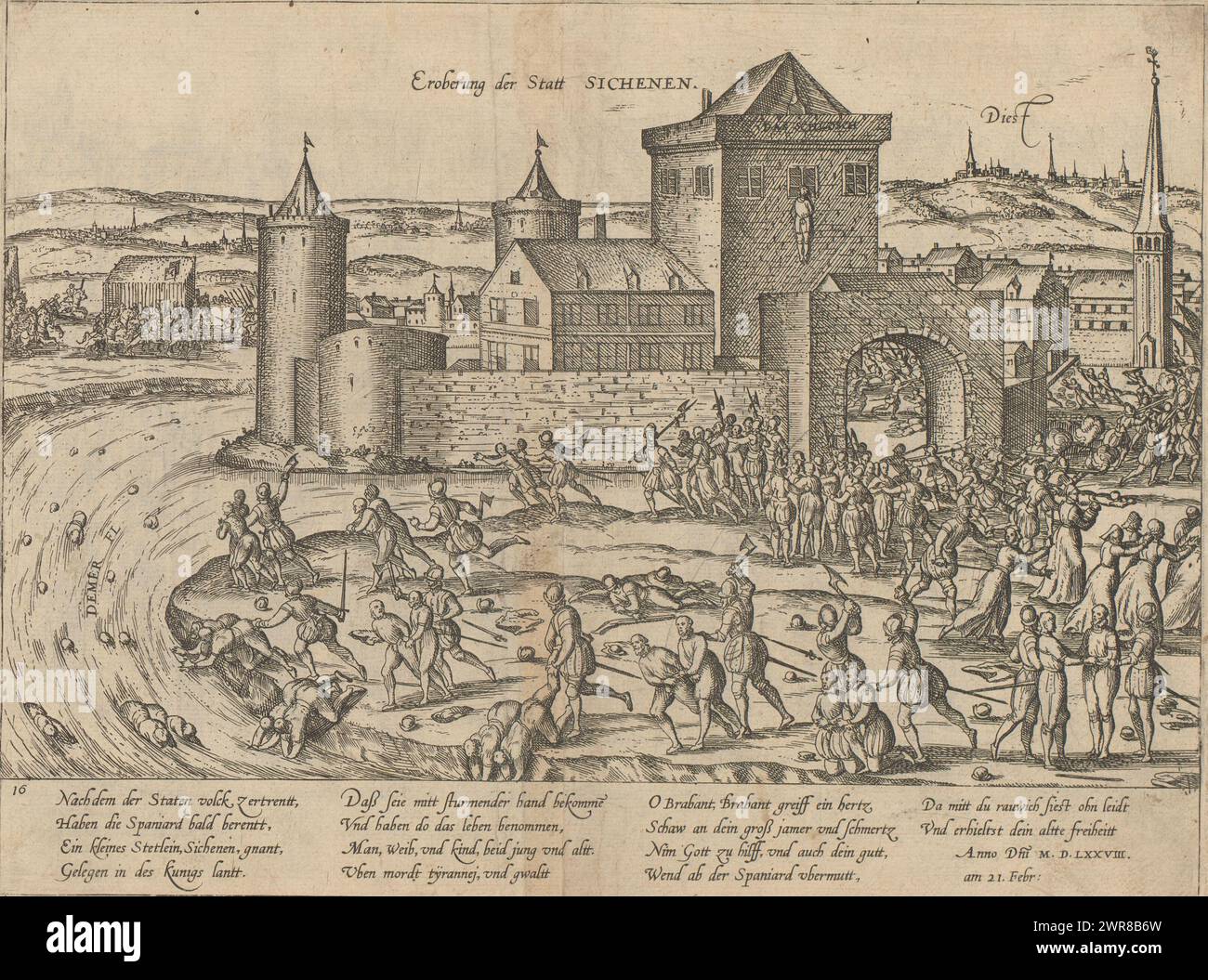 Punishment of Zichem, 1578, Eroberung der Statt Sichenen (title on object), Series 8: Dutch Events, 1577-1583 (series title), Conquest and punishment of the town of Zichem by the troops of the Duke of Parma, February 21, 1578. Outside the city gate, a large number of civilians are killed and their bodies thrown into the river. In the distance the city of Diest. With caption of 14 lines in German. Numbered: 16. The print is part of an album., print maker: Frans Hogenberg, Cologne, 1578 - 1580, paper, etching, height 212 mm × width 284 mm, print Stock Photo