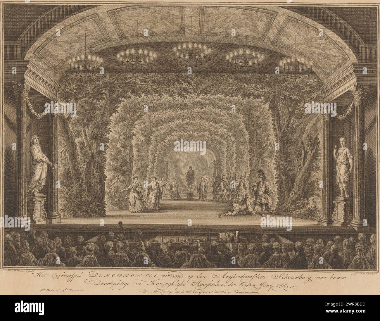 Theater performance in the Amsterdam Theater for the princely couple, 1768, The tragedy Demophontes, shown at the Amsterdam Theater for their illustrious and royal highnesses, the first of June, 1768 (title on object), Depiction of the joyous activities and ceremonies that occurred upon the arrival and during the stay of their (...) Willem, Prince of Orange and Nassau, (...) and his wife Fredrica Sophia Wilhelmina, Princess of Prussia, occurred in Amsterdam on Monday, May 30, and a few days following year 1768 (series title), Stage performance of the tragedy Demophontes Stock Photo