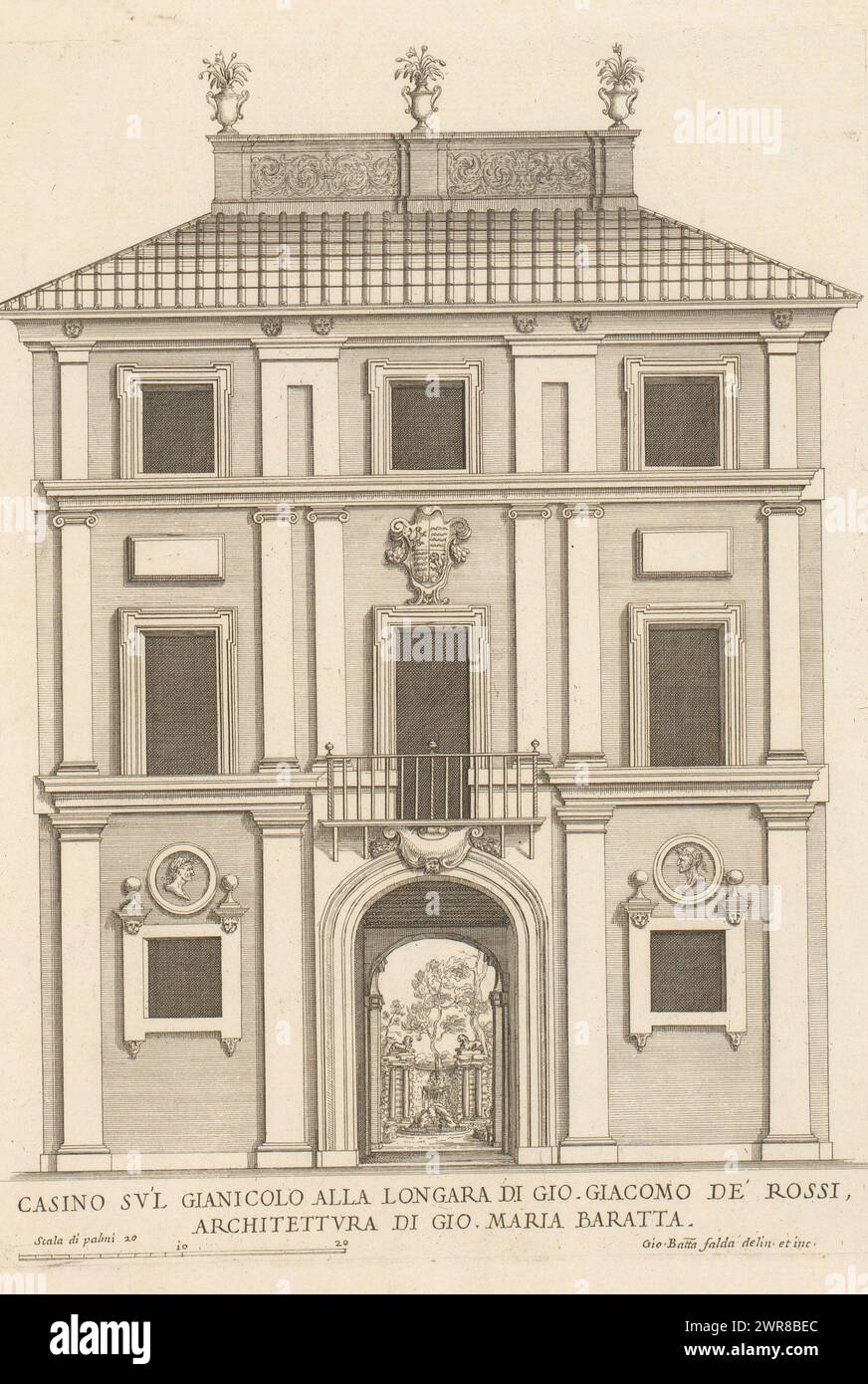 Façade of the casino at Gianicolo alla Lungara, Casino su'l Gianicolo alla Longara di Gio. Giacomo de' Ross (...) (title on object), Roman palaces (series title), Palazzi di Roma (series title), Palazzi di Roma dei più celebri architett (...) (series title), Print is part from an album., print maker: Giovanni Battista Falda, after drawing by: Giovanni Battista Falda, after design by: Giovanni Maria Baratta, print maker: Italy, after drawing by: Italy, after design by: Rome, publisher: Rome, Vatican City, Rome, Italy, in or after 1655, paper, etching, height 337 mm × width 244 mm Stock Photo