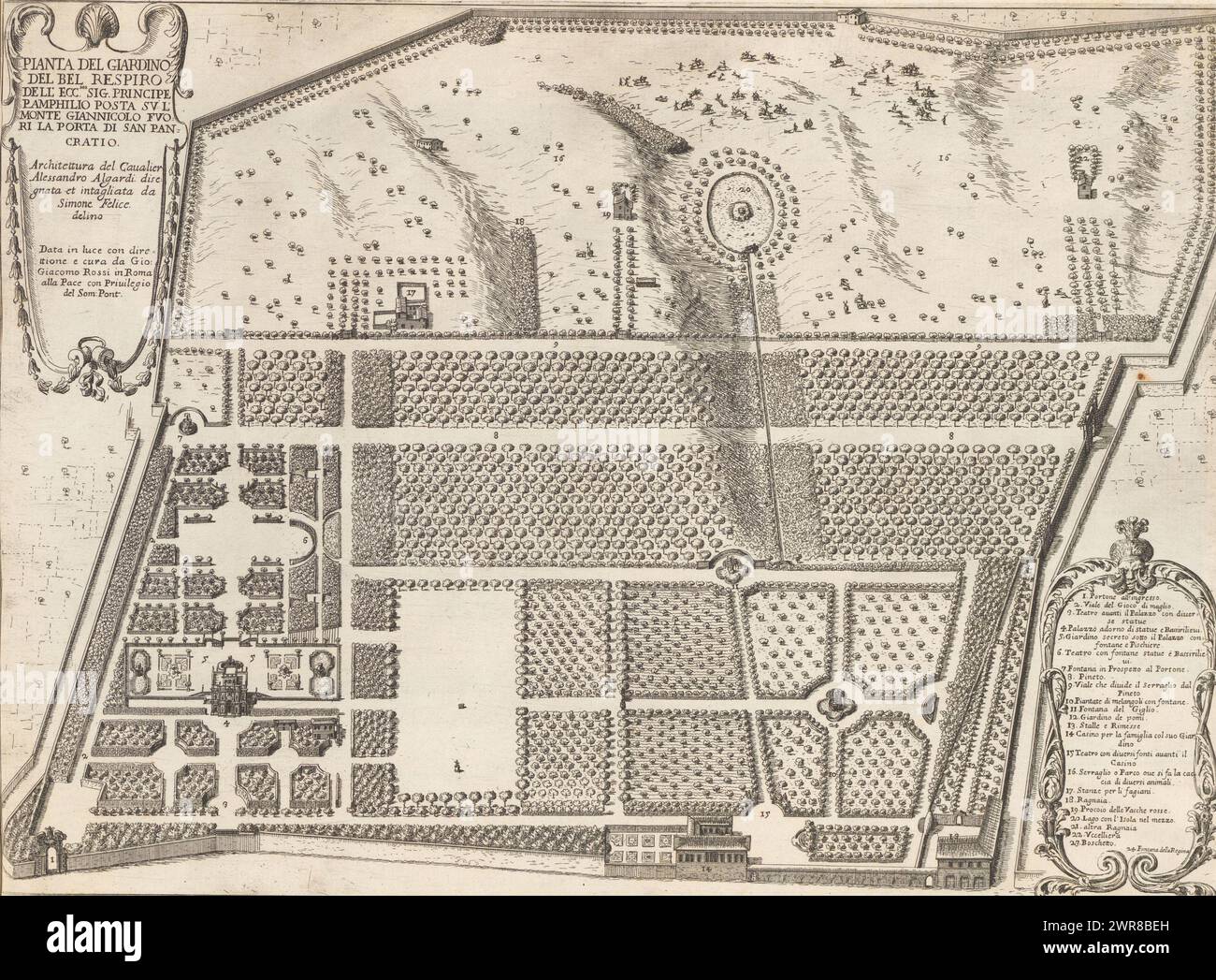 Plan of the garden at the Villa Doria Pamphilj in Rome, Pianta del giardino del Bel Respir (...) (title on object), Gardens in Rome (series title), Li giardini di Roma con le loro piante alzate e vedute in prospettiva disegnate and intagliate da Gio. Battista Falda (series title), Plan of the garden at the Villa Doria Pamphilj in Rome. Top left a cartouche with title. Bottom right a cartouche with an explanatory list of numbers. Print is part of an album., print maker: Giovanni Battista Falda, after drawing by: Giovanni Battista Falda, after design by: Alessandro Algardi Stock Photo