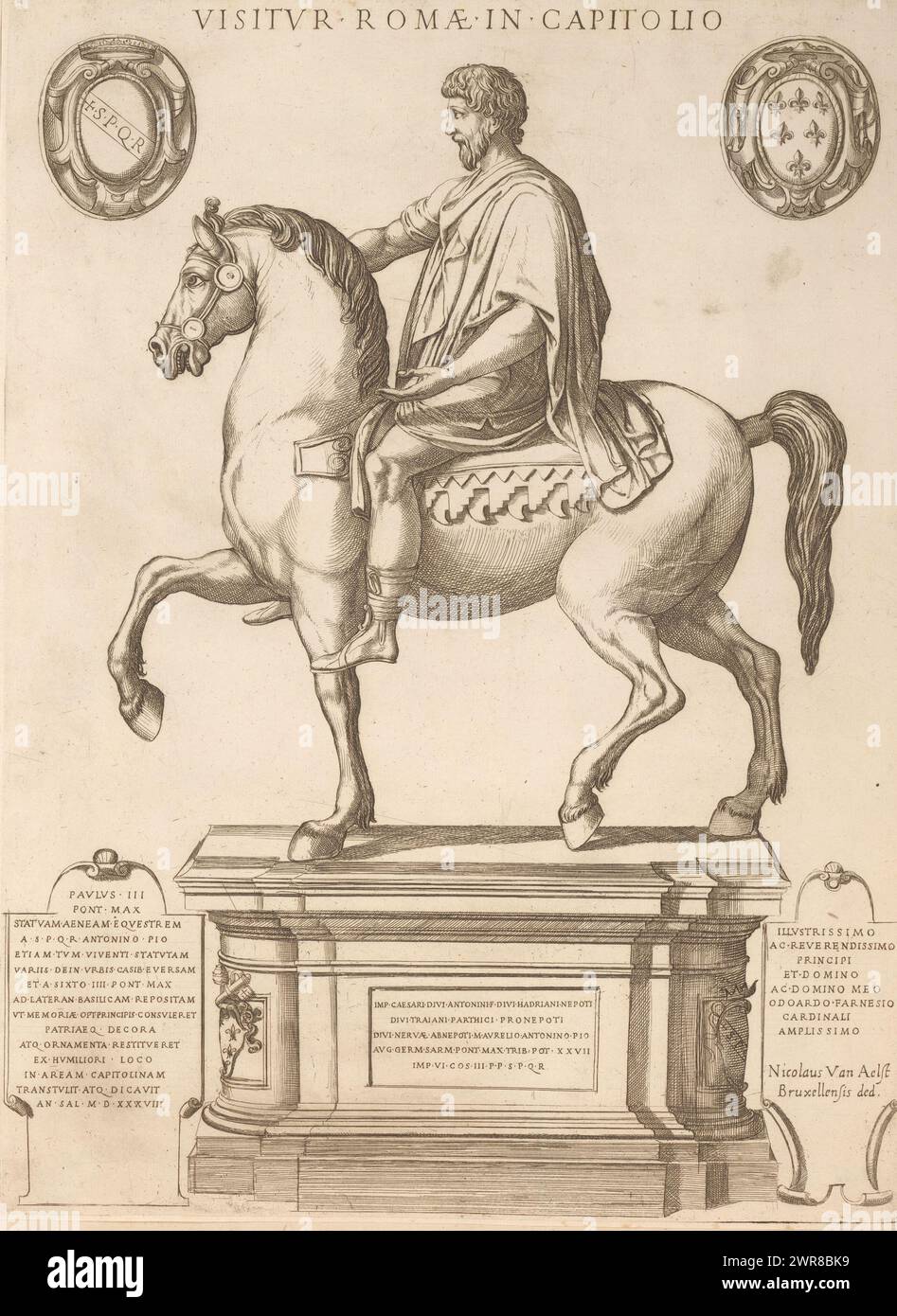 Statue of Marcus Aurelius, Visitur Romae in Capitolio (title on object), Speculum Romanae Magnificentiae (series title), Statue of Marcus Aurelius on horseback, on the Capitoline Hill in Rome. Print is part of an album., print maker: anonymous, publisher: Nicolaus van Aelst, Nicolaus van Aelst, Italy, c. 1537 - 1613, paper, etching, height 463 mm × width 339 mm, print Stock Photo