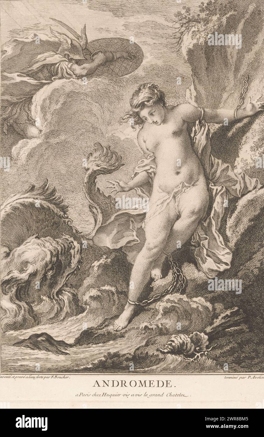 Perseus and Andromeda, print maker: François Boucher, print maker: Pierre Alexandre Aveline, after own design by: François Boucher, c. 1734, paper, etching, engraving, height 348 mm × width 243 mm, print Stock Photo