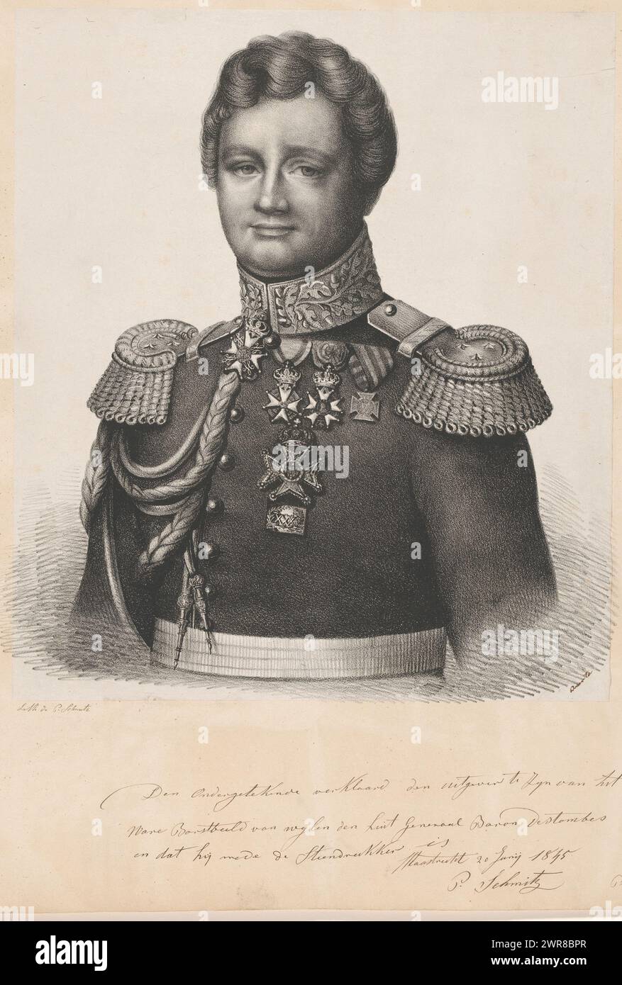 Portrait of Andries Jan Jacob des Tombe, The sitter wears a military uniform with order insignia., print maker: anonymous, printer: G. Schmitz, publisher: G. Schmitz, Maastricht, 1845, paper, height 550 mm × width 430 mm, print Stock Photo