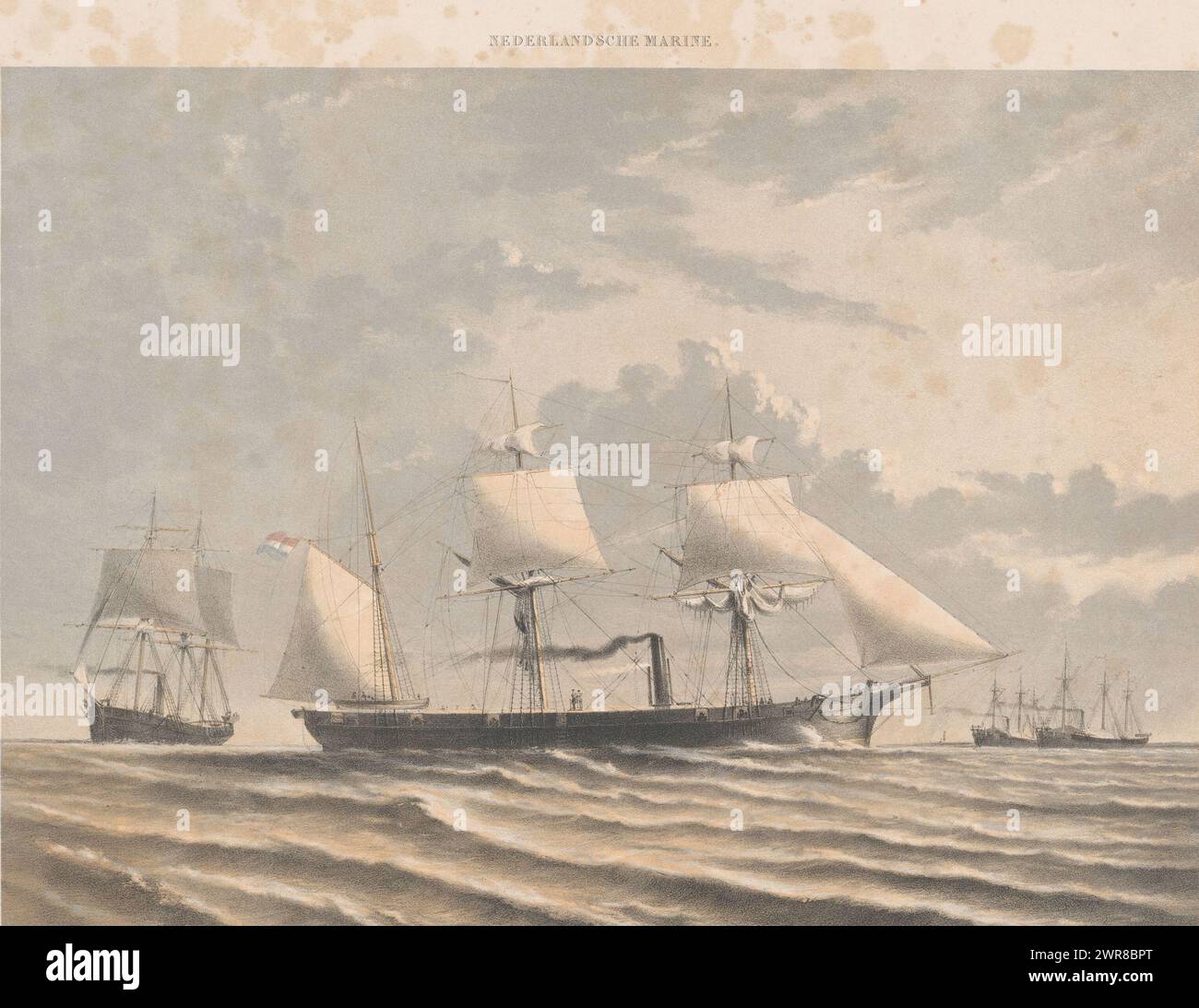 Screw steam ship 4th class (title on object), View of four ships, two of which with hoisted sails., print maker: Gerard Voorduin, after design by: Gerard Voorduin, printer: Samuel Lankhout, print maker: The Hague, after design by: The Hague, printer: The Hague, publisher: Rotterdam, 1866, paper, height 450 mm × width 620 mm, print Stock Photo