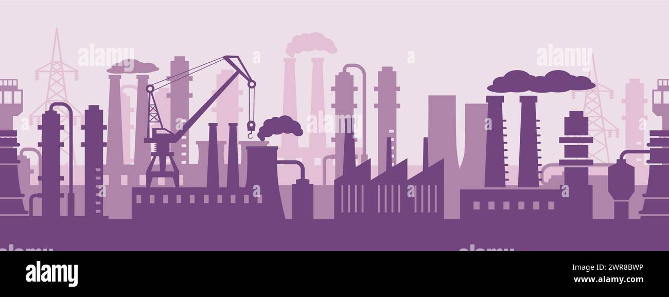 Industrial factory exterior. Manufacturing infrastructure skyline silhouette, production facilities and panoramic industrial area seamless vector Stock Vector
