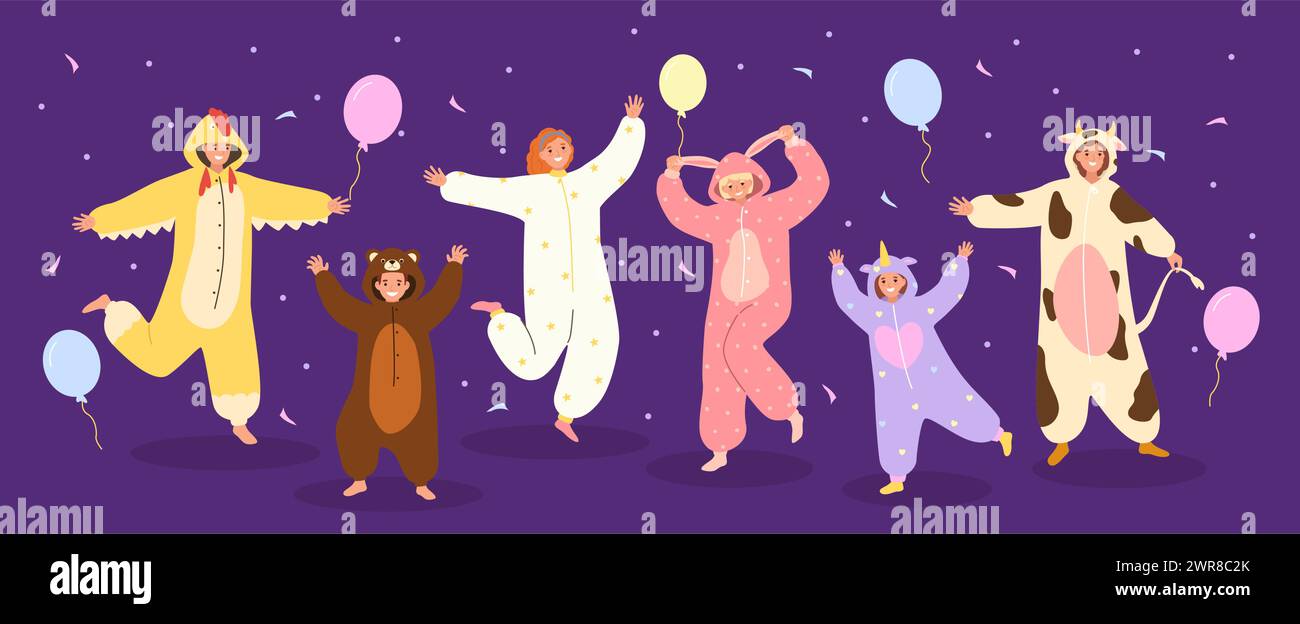 Funny pajama party. Festive celebration with people in animal onesies, kigurumi costumes night celebration with balloons and confetti vector Stock Vector